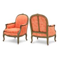 A Pair of Louis XV Green Painted Bergères