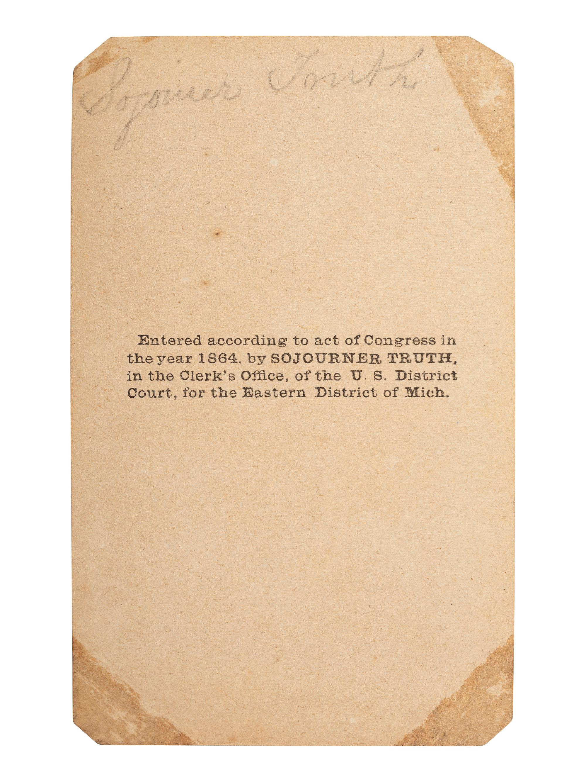 [TRUTH, SOJOURNER (1797-1883)]. CDV of Sojourner Truth with flowers. Uncredited: Michigan, 1864.