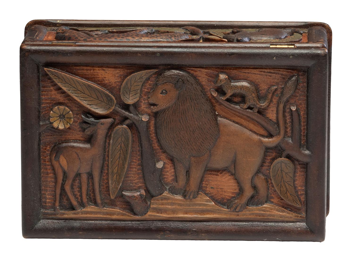 A Folk Art Polychrome Painted Pine Dresser Box with Exotic Animals