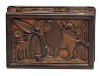 A Folk Art Polychrome Painted Pine Dresser Box with Exotic Animals