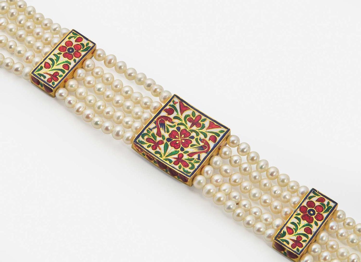 A 22K Yellow Gold, Pearl, Diamond, and Enamel Mughal-Style Bracelet