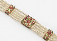 A 22K Yellow Gold, Pearl, Diamond, and Enamel Mughal-Style Bracelet