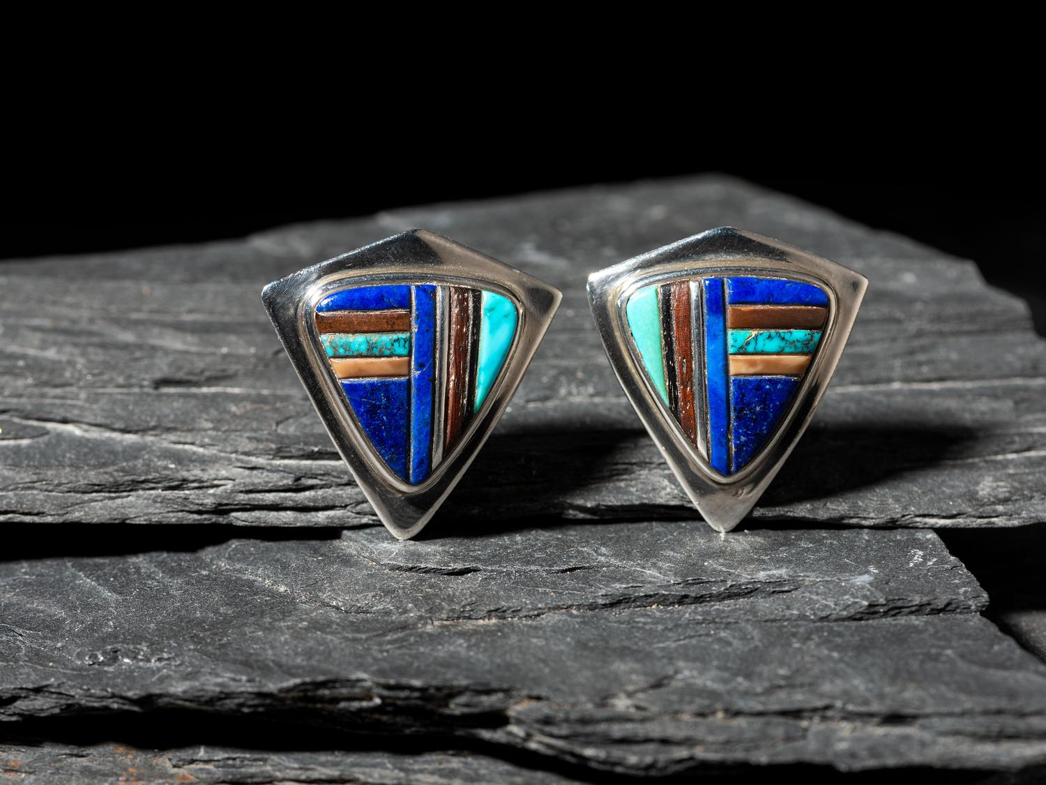 Silver and Mosaic Inlay Shield Clip Earrings