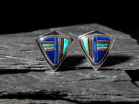 Silver and Mosaic Inlay Shield Clip Earrings