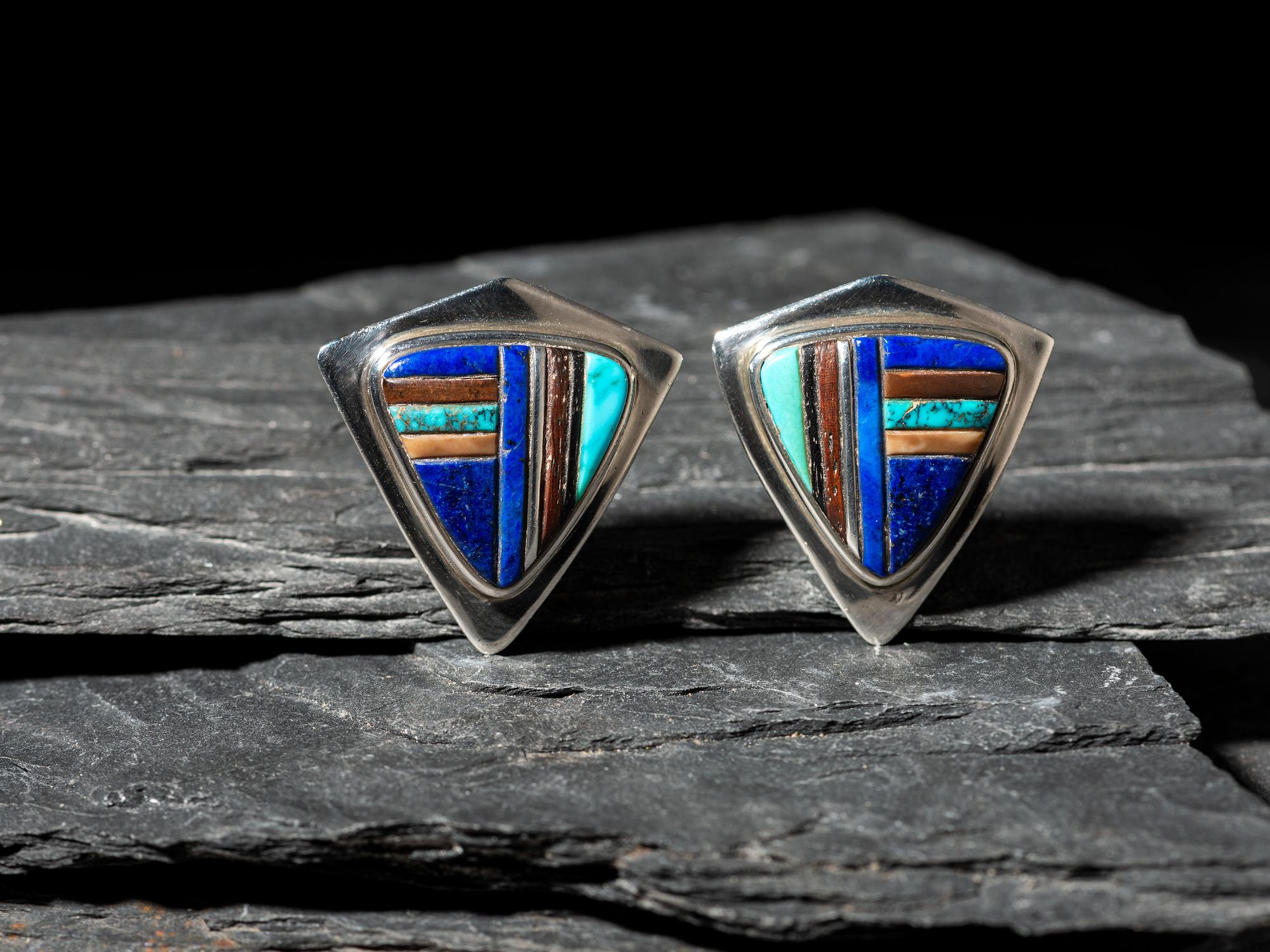 Silver and Mosaic Inlay Shield Clip Earrings