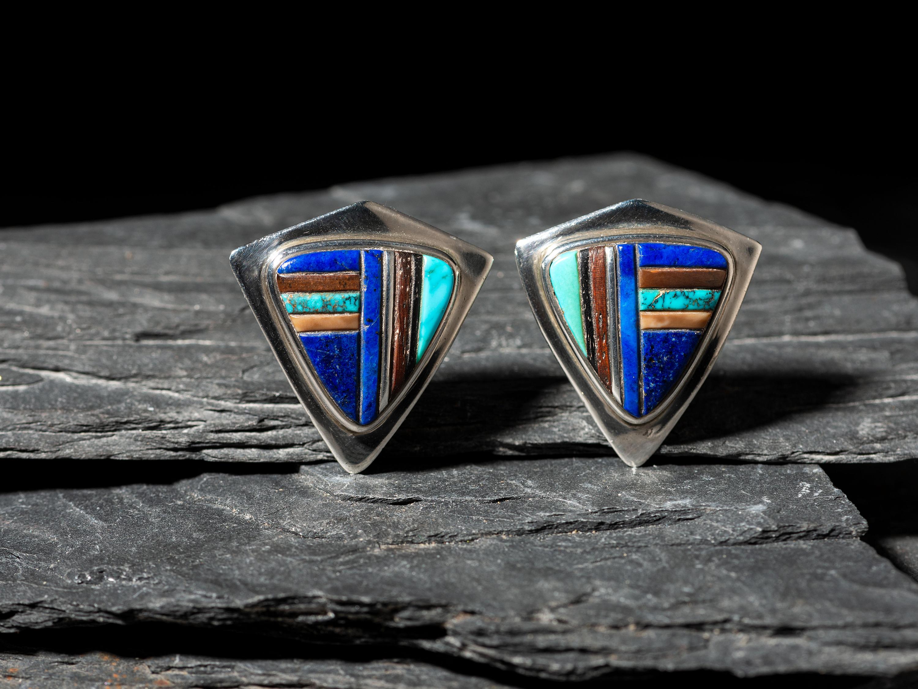 Silver and Mosaic Inlay Shield Clip Earrings