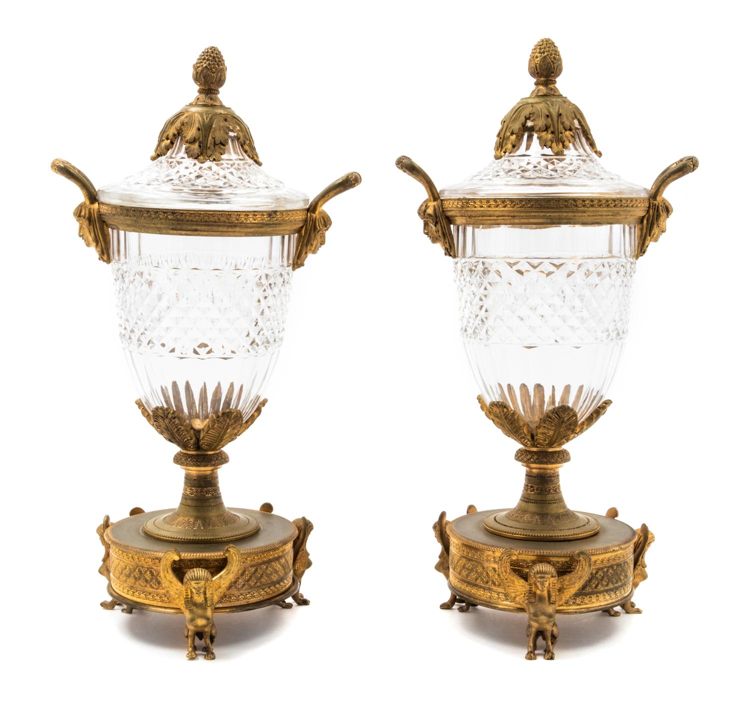 A Pair of Empire Style Gilt Bronze Mounted Cut Glass Urns — 19TH CENTURY