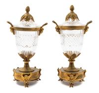 A Pair of Empire Style Gilt Bronze Mounted Cut Glass Urns — 19TH CENTURY