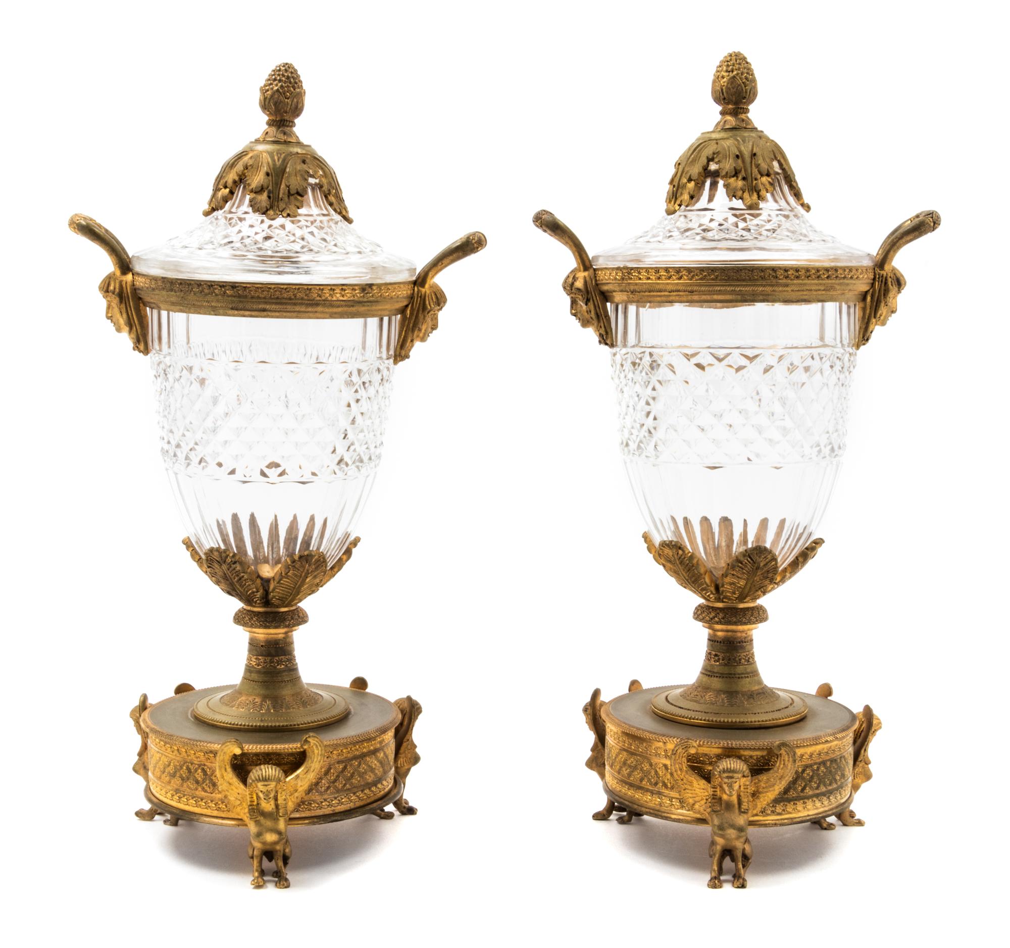 A Pair of Empire Style Gilt Bronze Mounted Cut Glass Urns — 19TH CENTURY