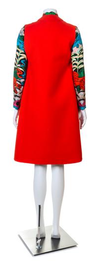 A Tina Leser Multicolor Silk Dress and Red Wool Vest, No size.