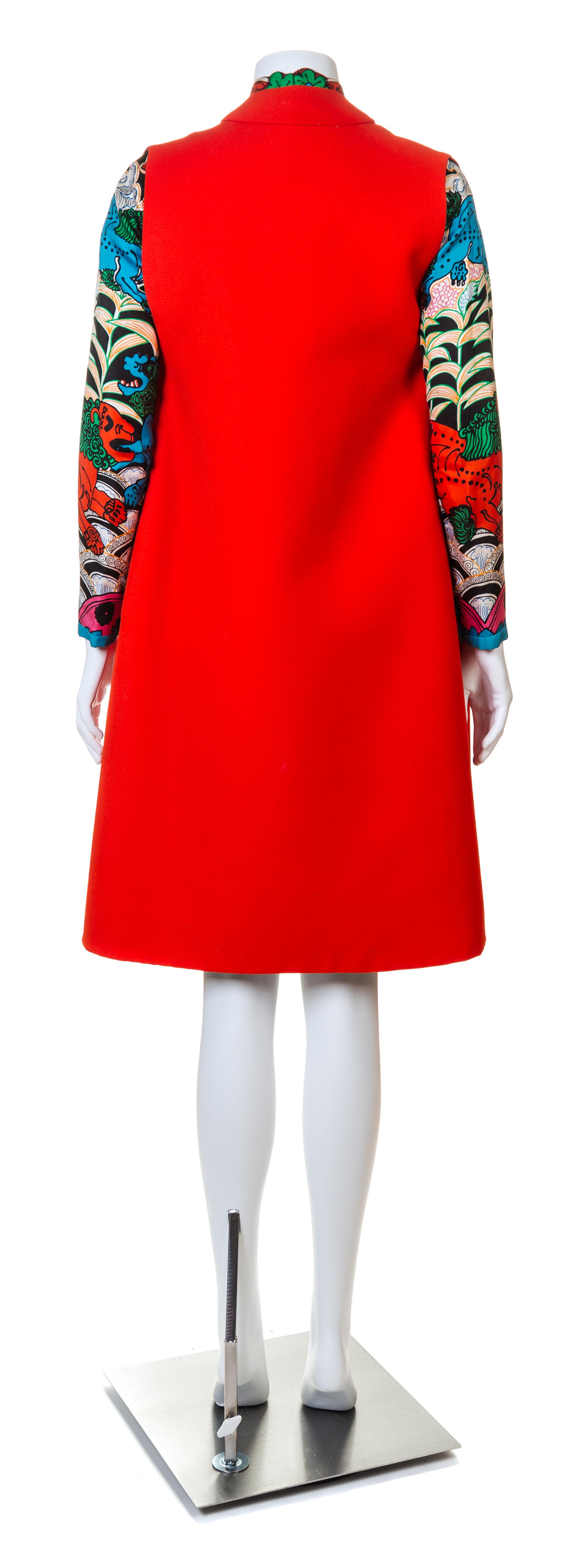 A Tina Leser Multicolor Silk Dress and Red Wool Vest, No size.