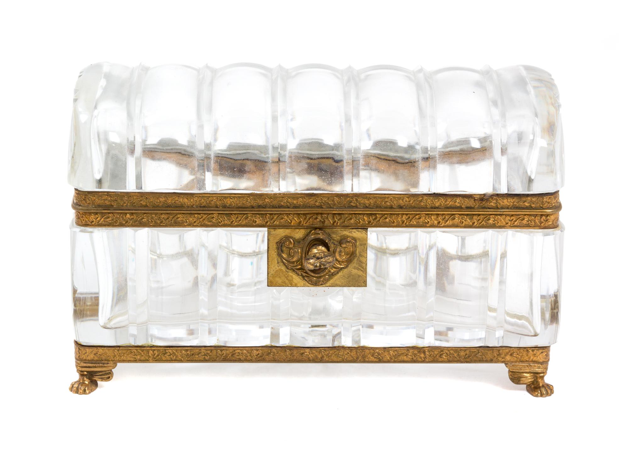 A French Gilt Bronze Mounted Molded Crystal Hinge Top Box Height 4 3/4 x length 7 1/4 inches. — 19TH CENTURY