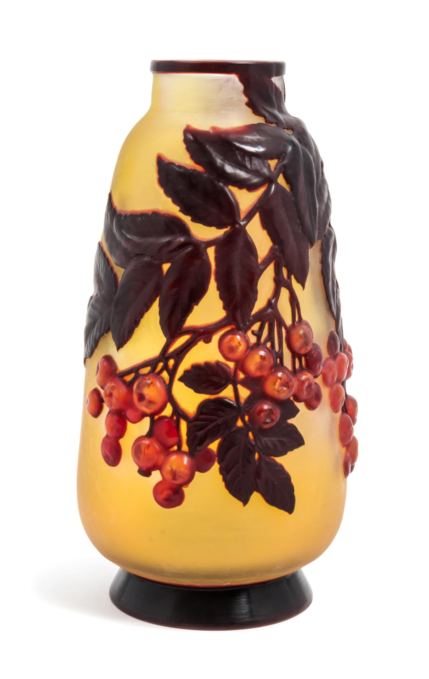Emile Galle, (French, 1846-1904), a mold blown cameo glass vase, with cherry decoration