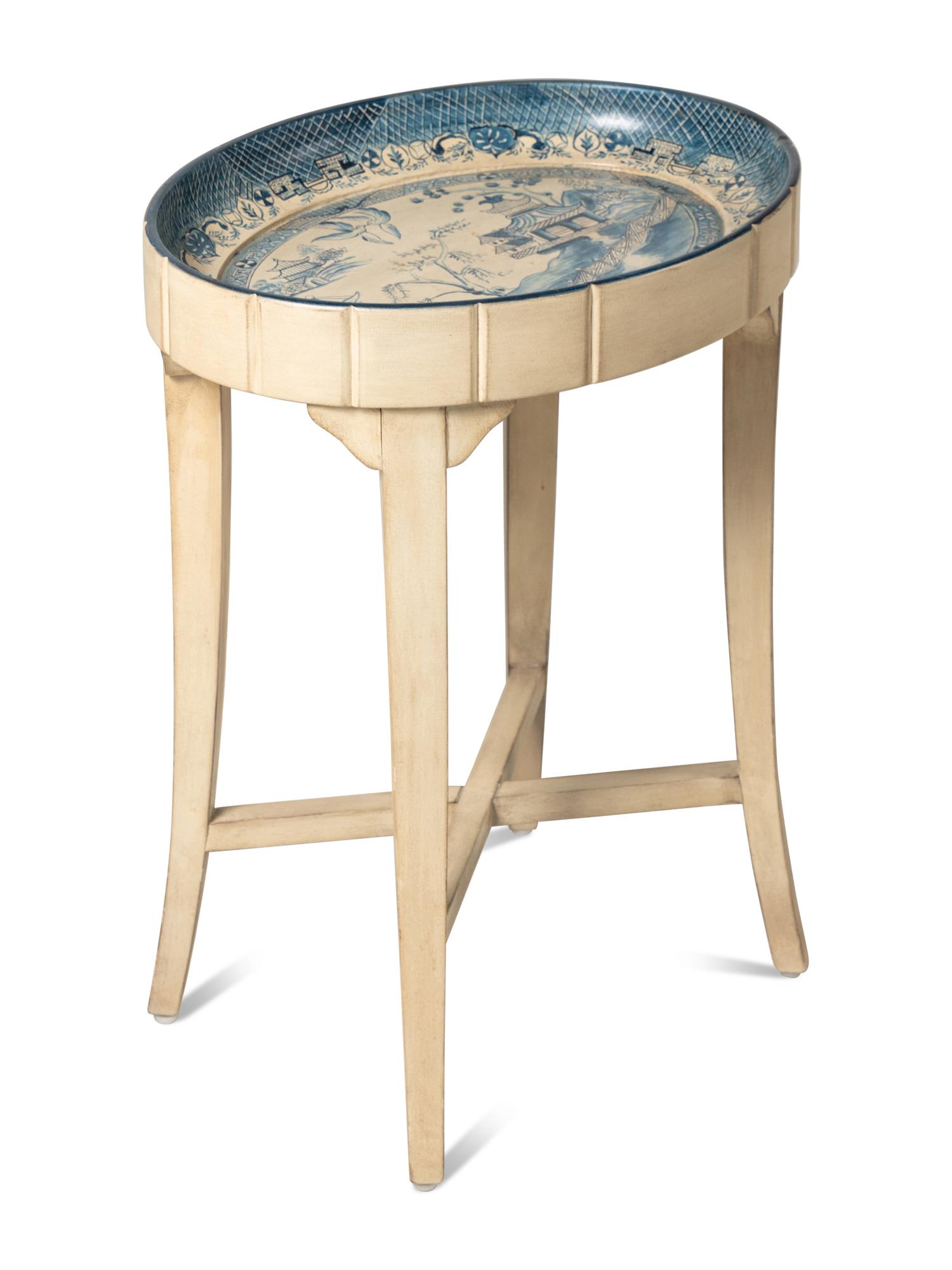 A Chinoiserie Decorated Blue and While Painted Side Table