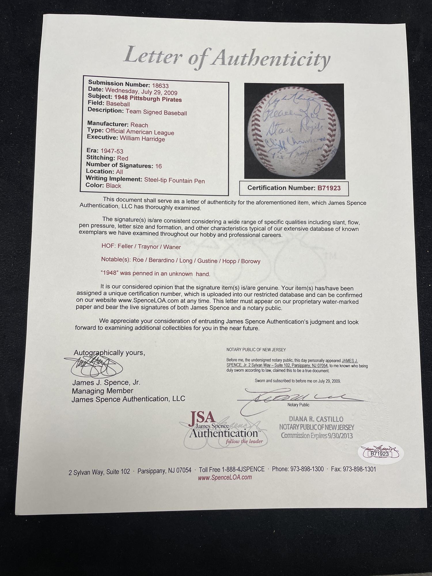 A 1948 Pittsburgh Pirates Multi Signed Autograph Baseball Including Pie Traynor and Paul Waner (JSA Letter of Authenticity),