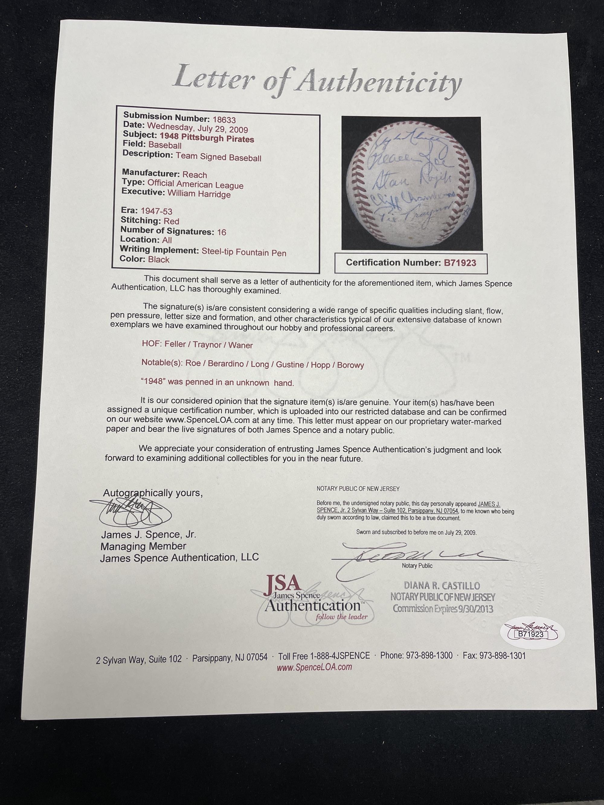 A 1948 Pittsburgh Pirates Multi Signed Autograph Baseball Including Pie Traynor and Paul Waner (JSA Letter of Authenticity),