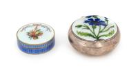 Two Enameled Silver Snuff Boxes, , comprising a French example, the lid decorated with a floral spray and ribbon motifs on a guilloche