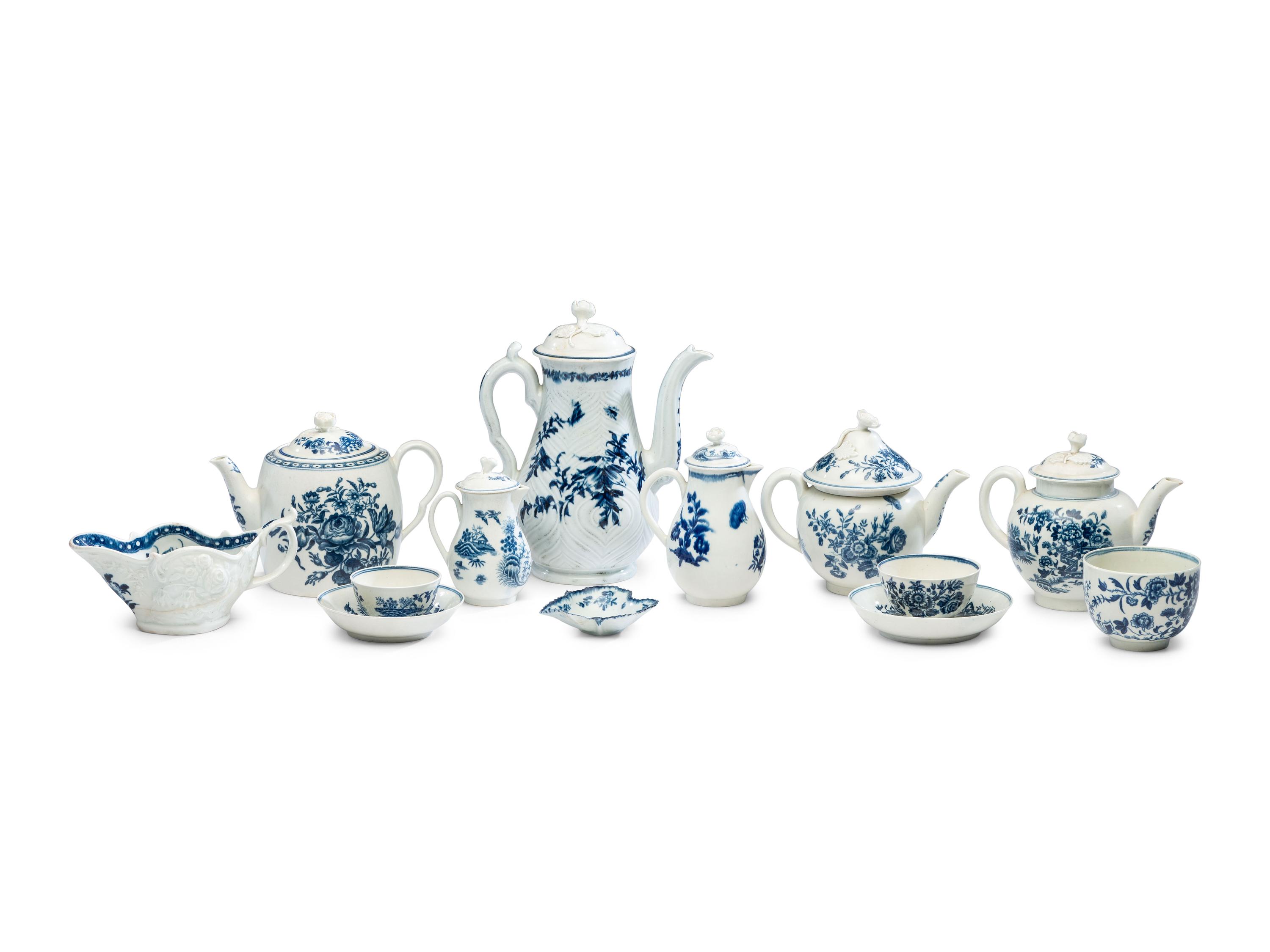 An Assembled Collection of Dr. Wall Period Worcester Cobalt Decorated Porcelain Table Articles