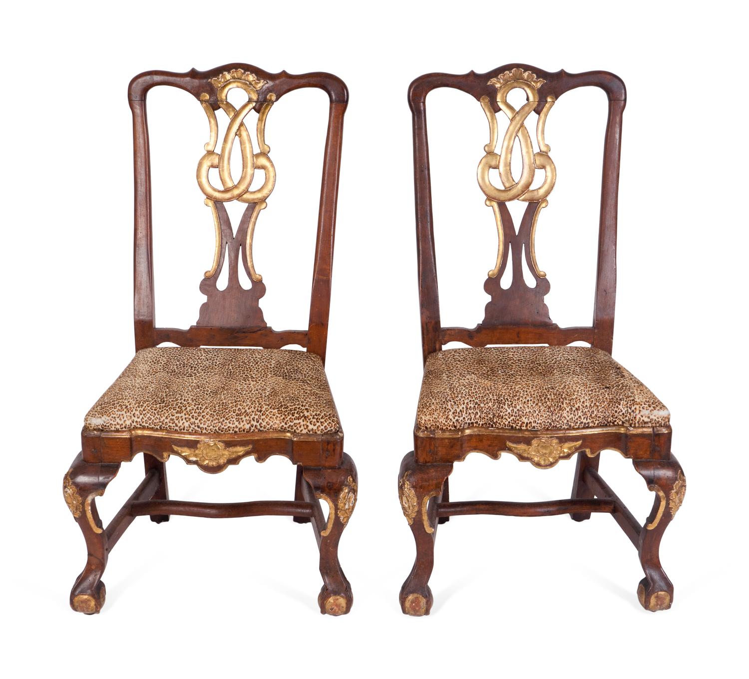 A Pair of Portuguese Rococo Parcel-Gilt Walnut Side Chairs — THIRD QUARTER 18TH CENTURY
