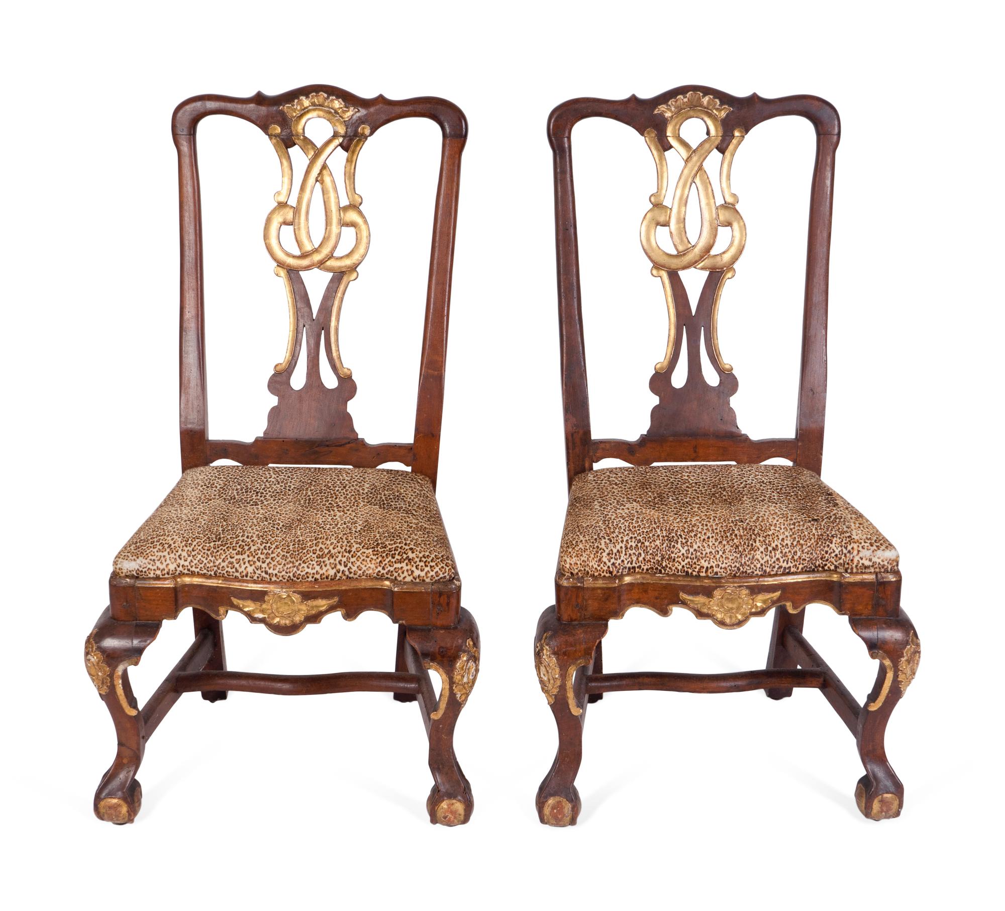 A Pair of Portuguese Rococo Parcel-Gilt Walnut Side Chairs — THIRD QUARTER 18TH CENTURY