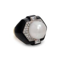 CULTURED SOUTH SEA PEARL, DIAMOND AND ONYX RING