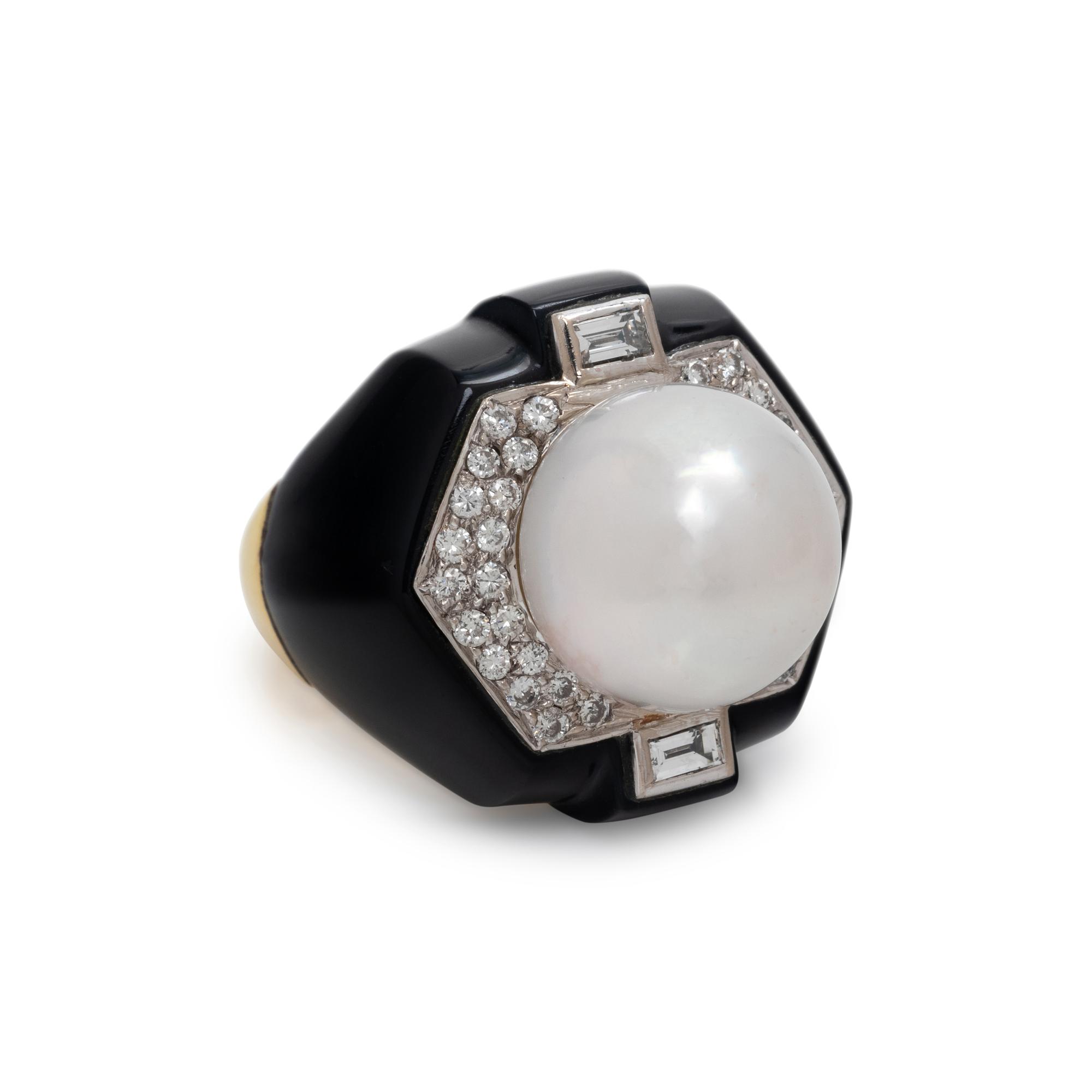 CULTURED SOUTH SEA PEARL, DIAMOND AND ONYX RING