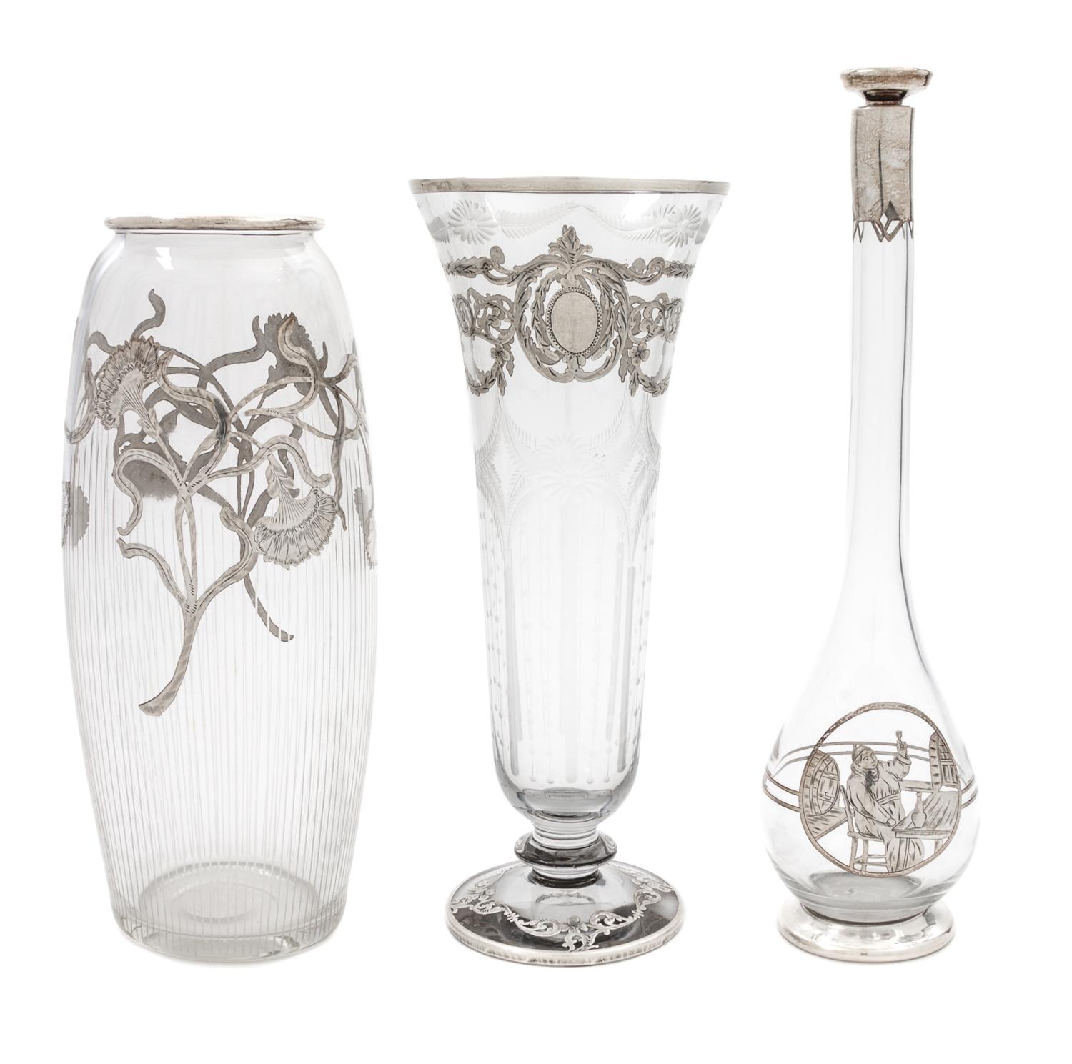 Three Silver Overlay Glass Articles Height of first 12 inches.