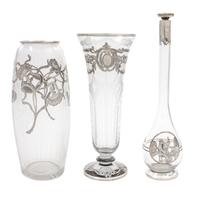 Three Silver Overlay Glass Articles Height of first 12 inches.