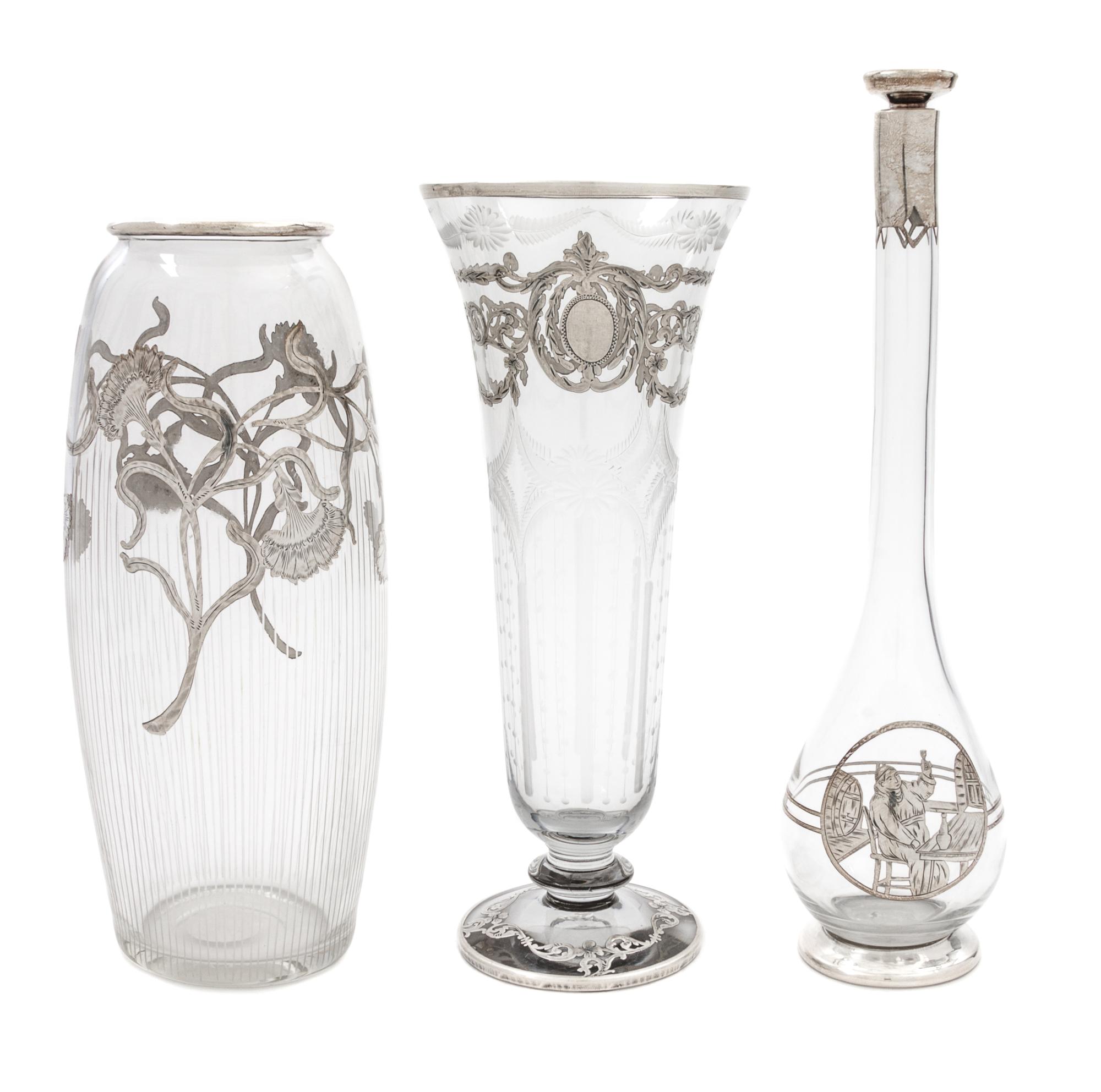Three Silver Overlay Glass Articles Height of first 12 inches.