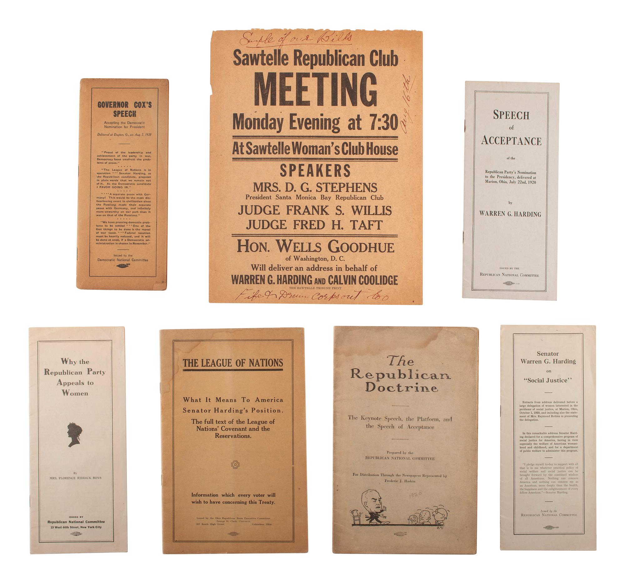[HARDING, Warren G. (1865-1923)]. A large group of campaign, presidential, and funeral ephemera, including candid campaign photographs, comprising: