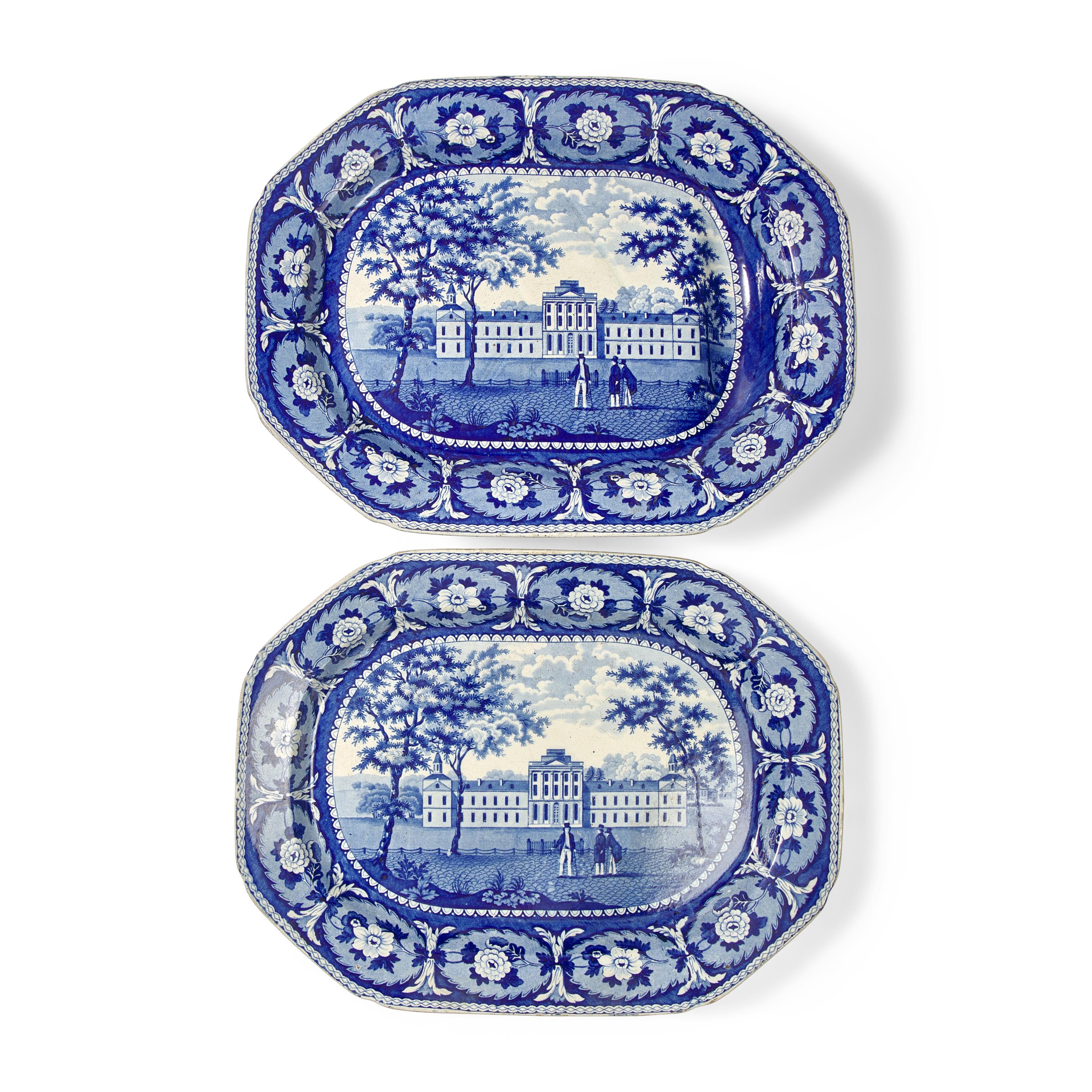 A Group of Staffordshire Historical Blue Pennsylvania Hospital. Philadelphia Transferware , J. & W. Ridgway, Hanley, 1814-1830
