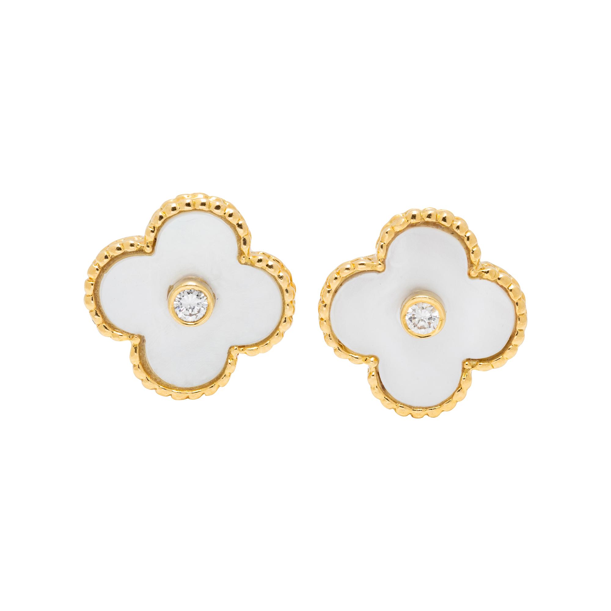 VAN CLEEF & ARPELS, YELLOW GOLD, MOTHER-OF-PEARL AND DIAMOND 'ALHAMBRA' CLIP EARRINGS