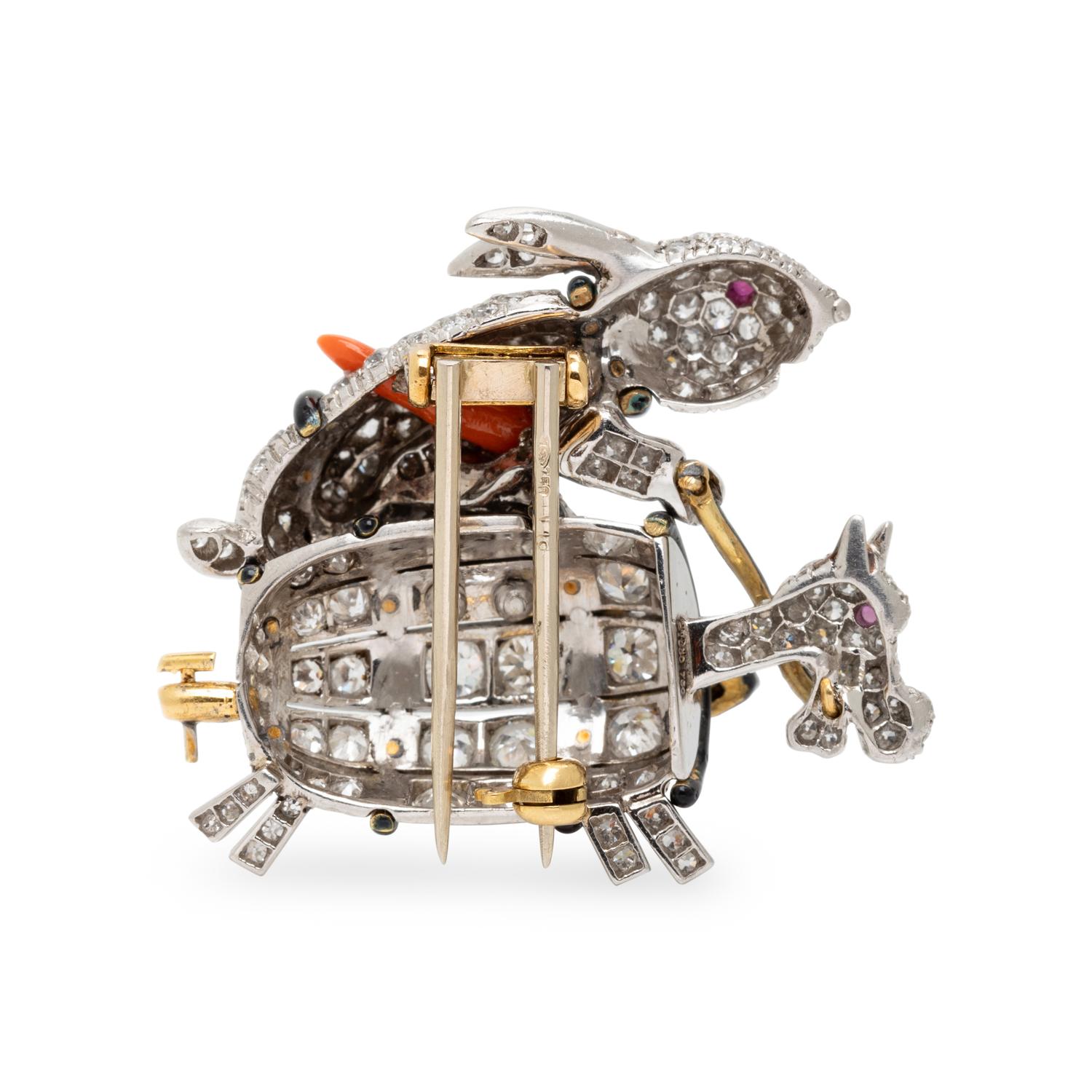 VINTAGE, DIAMOND, ENAMEL AND CORAL RACING RABBIT BROOCH