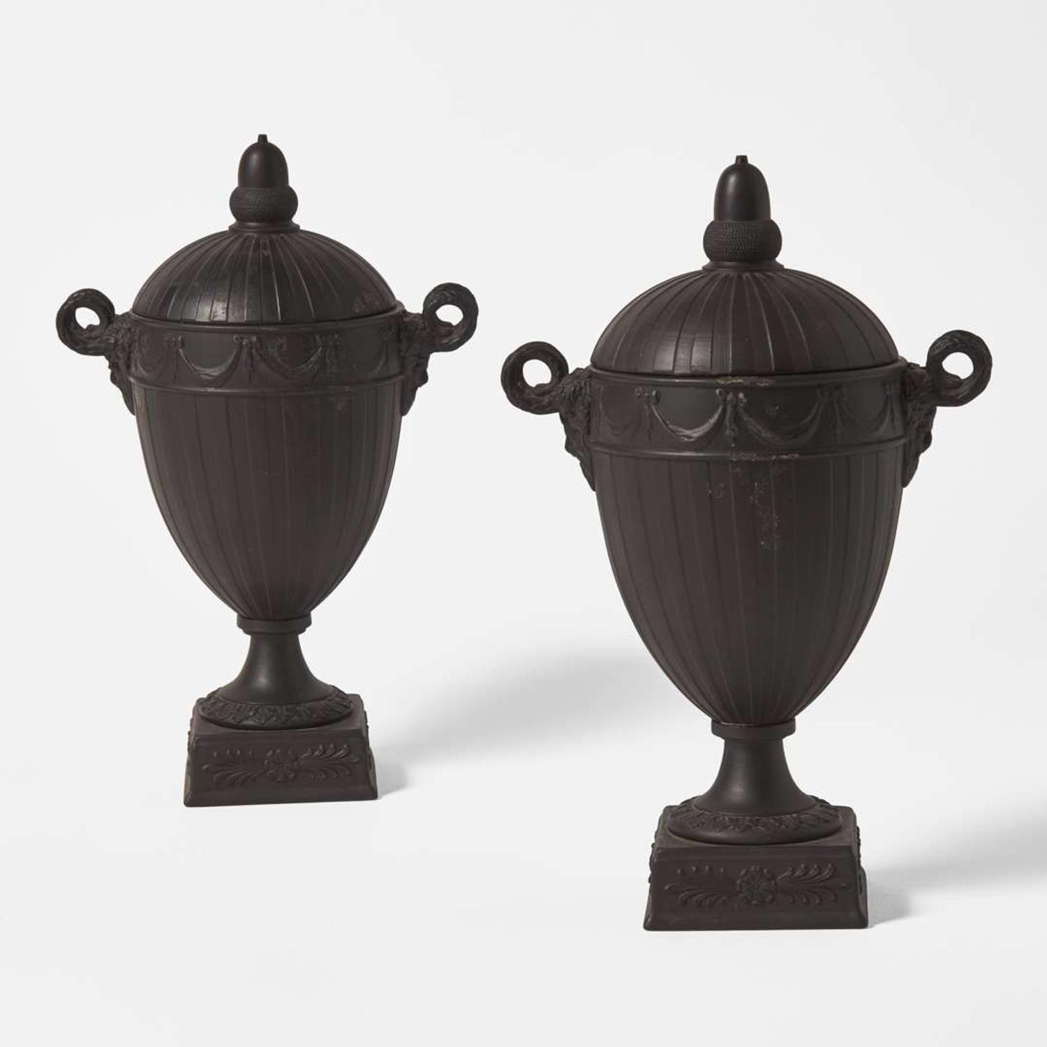A Pair of Wedgwood Black Basalt Engine-Turned Covered Vases UK, 1954