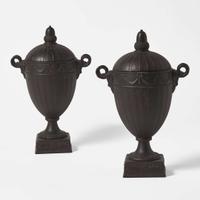 A Pair of Wedgwood Black Basalt Engine-Turned Covered Vases UK, 1954