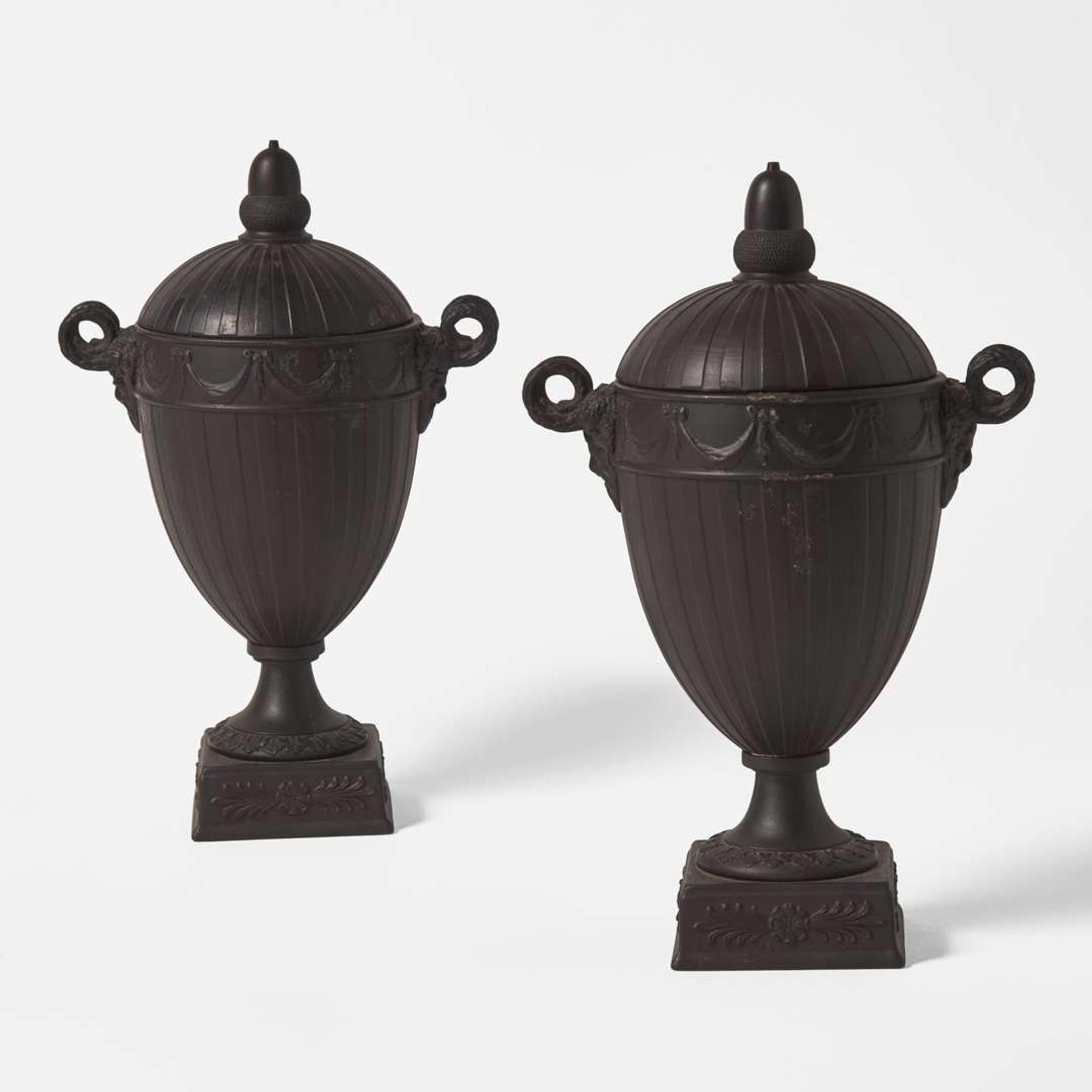 A Pair of Wedgwood Black Basalt Engine-Turned Covered Vases UK, 1954