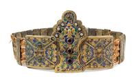 An Ottoman Enameled Gilt Metal Wedding Belt 19TH CENTURY OR EARLIER Length overall opened 30 3/8 inches. — 19TH CENTURY OR EARLIER
