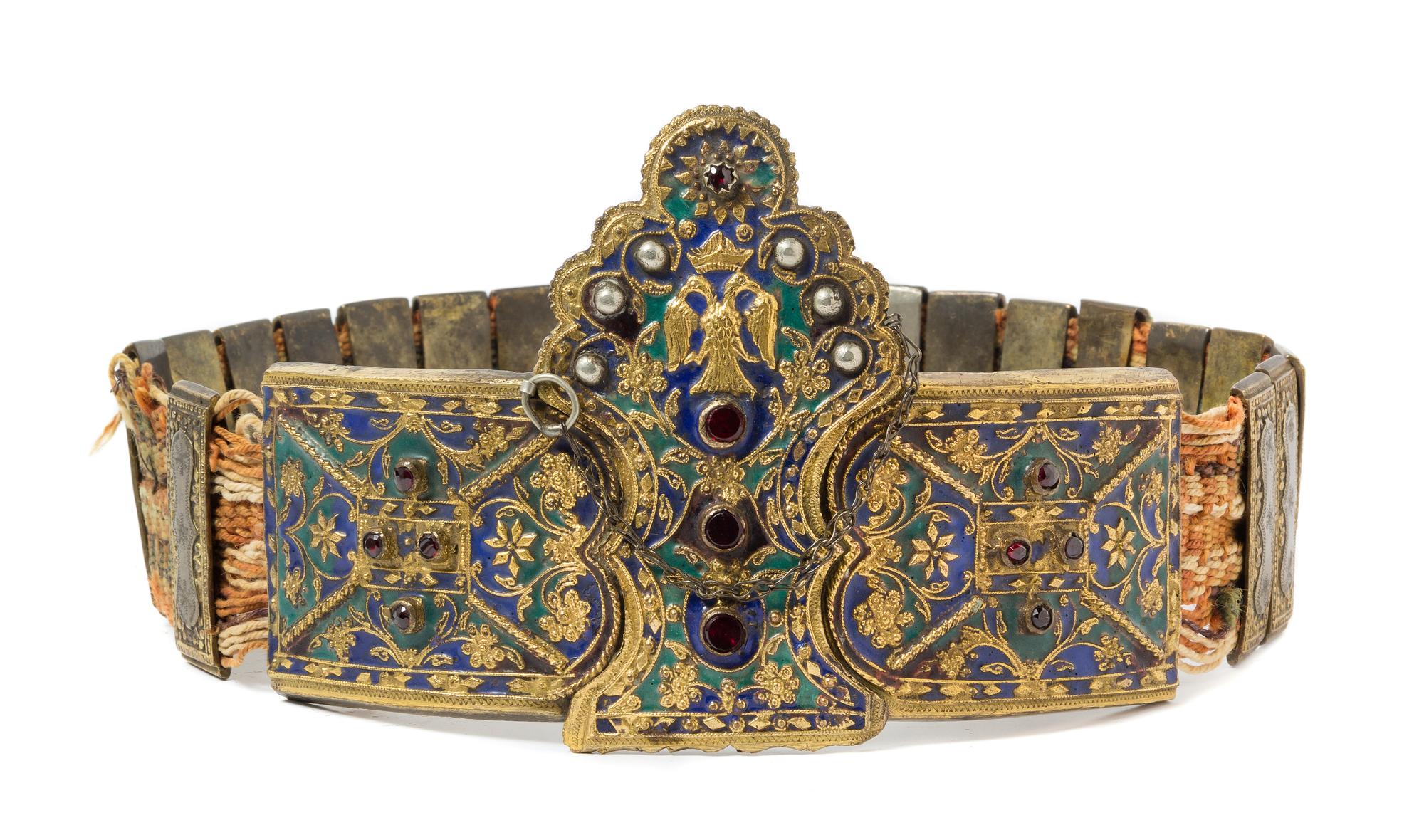An Ottoman Enameled Gilt Metal Wedding Belt 19TH CENTURY OR EARLIER Length overall opened 30 3/8 inches. — 19TH CENTURY OR EARLIER