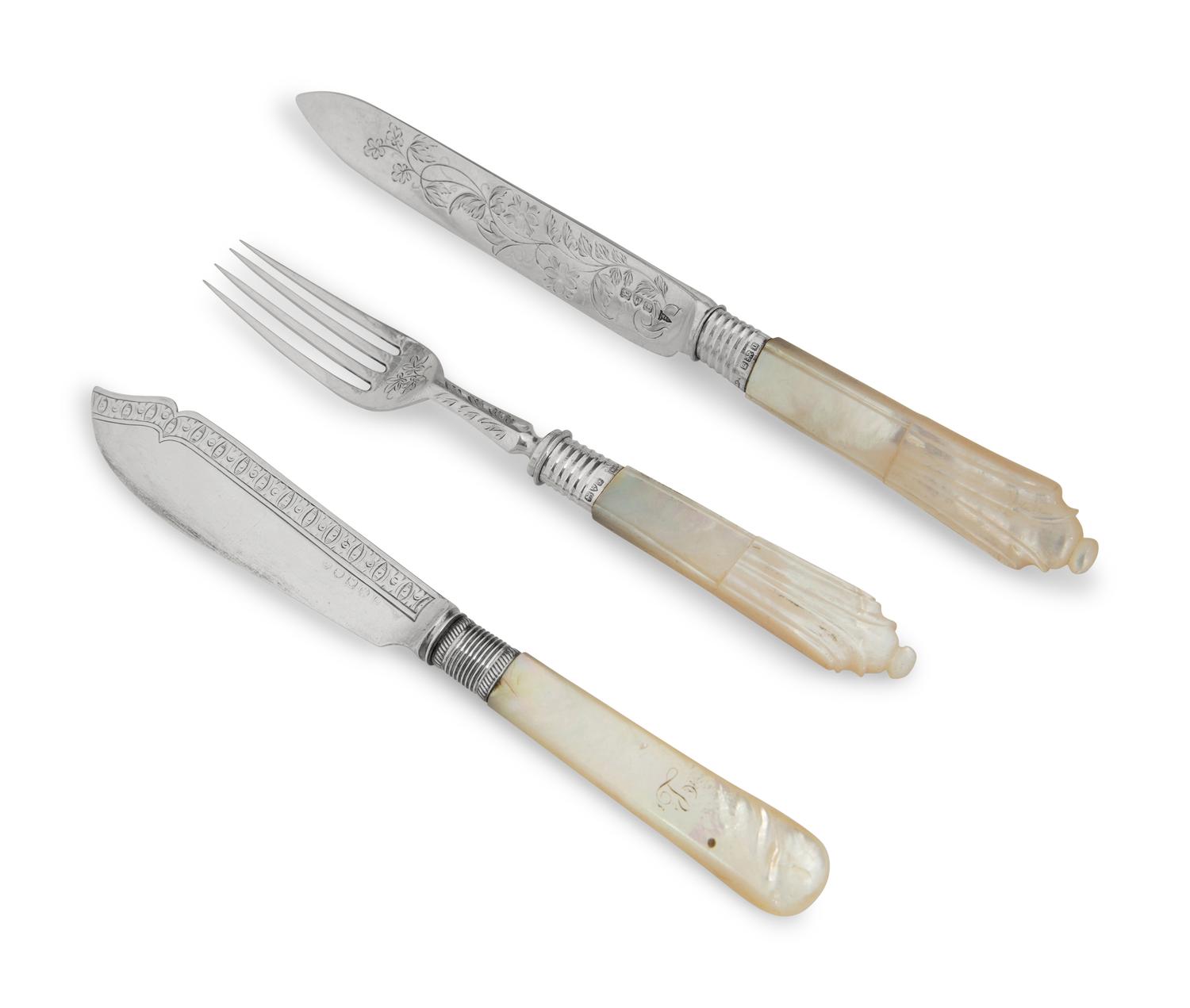 A Mother-Of-Pearl Handled Silver Fish Set and Three Sheffield Wine Coasters