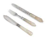 A Mother-Of-Pearl Handled Silver Fish Set and Three Sheffield Wine Coasters