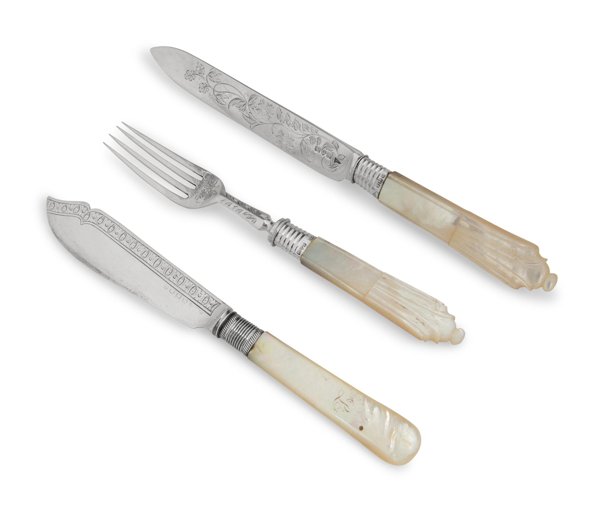 A Mother-Of-Pearl Handled Silver Fish Set and Three Sheffield Wine Coasters