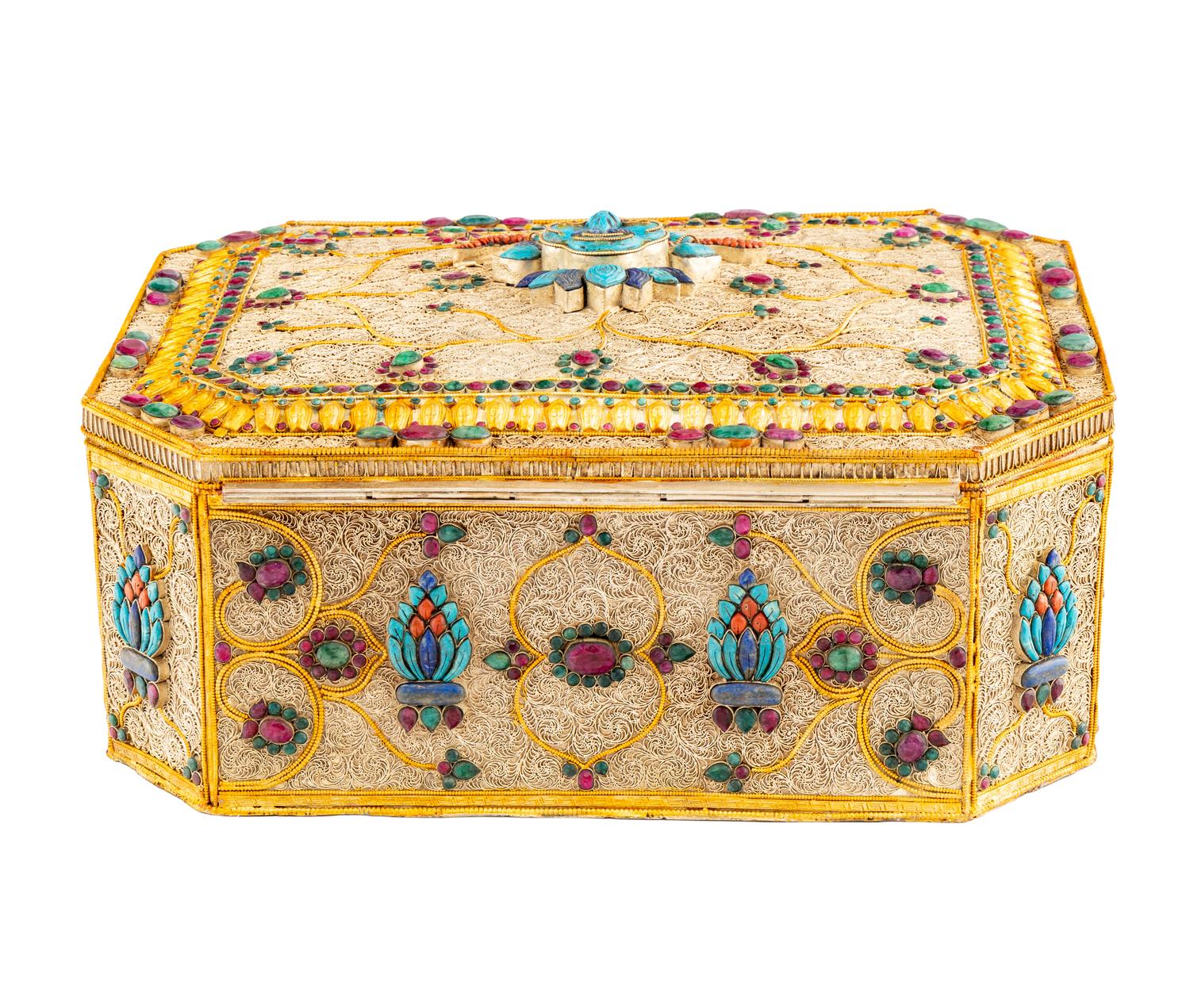 A Large Silvered and Gilt Filigree and Jeweled Box