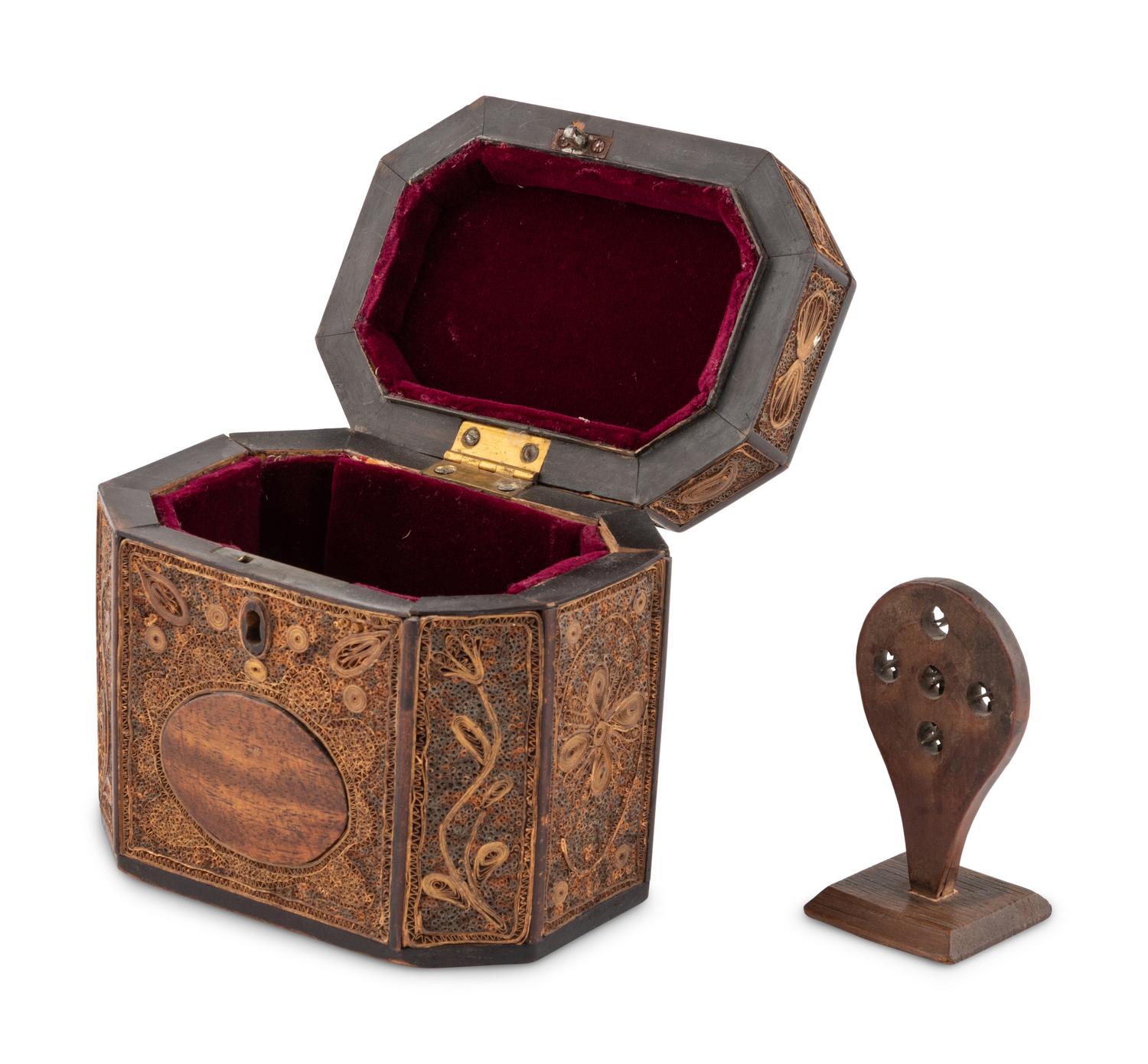 A George III Rolled Paper Tea Caddy and A Basket Splint Guide