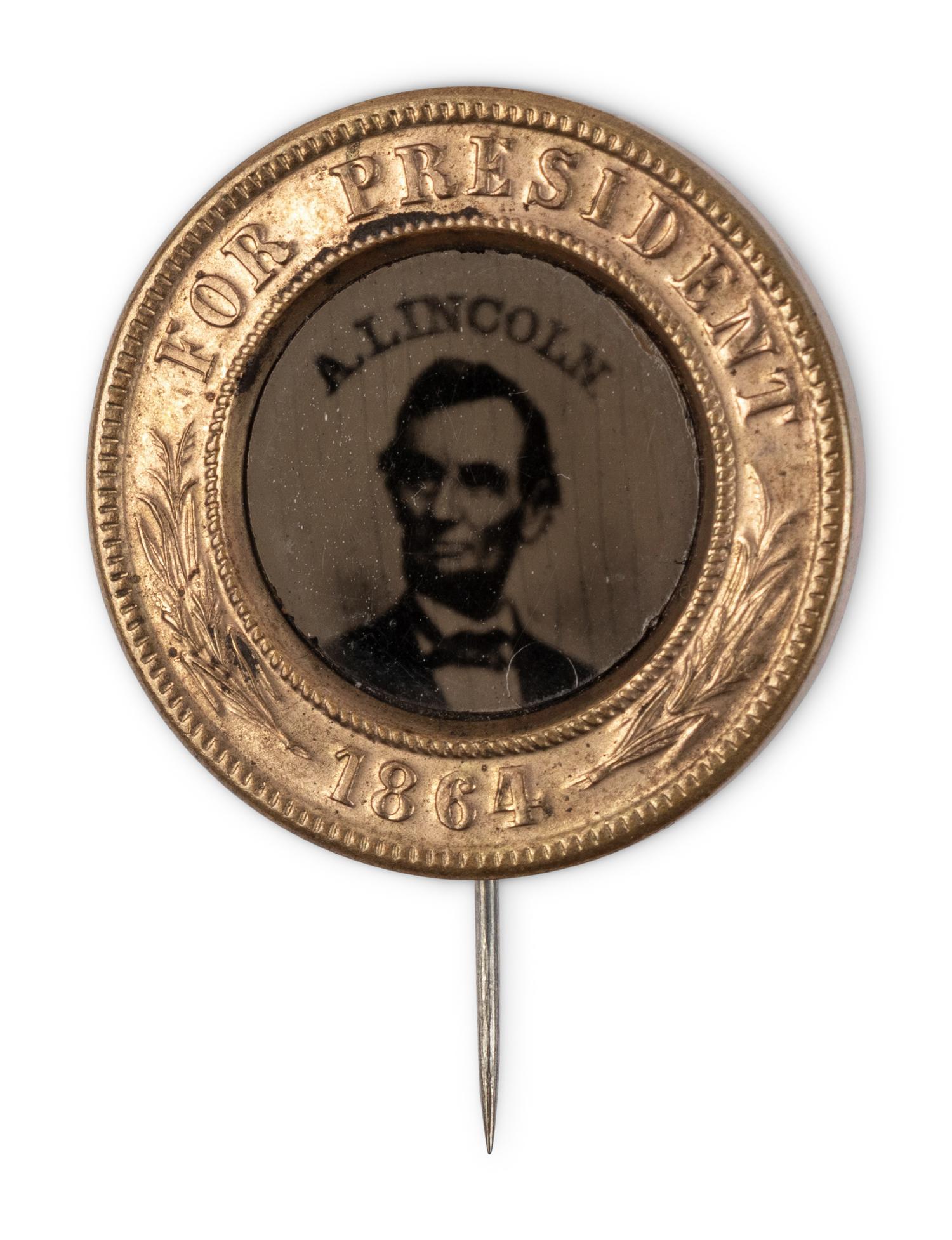 [LINCOLN-JOHNSON CAMPAIGN]. A presidential campaign badge featuring a ferrotype portrait of Lincoln.