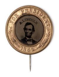 [LINCOLN-JOHNSON CAMPAIGN]. A presidential campaign badge featuring a ferrotype portrait of Lincoln.