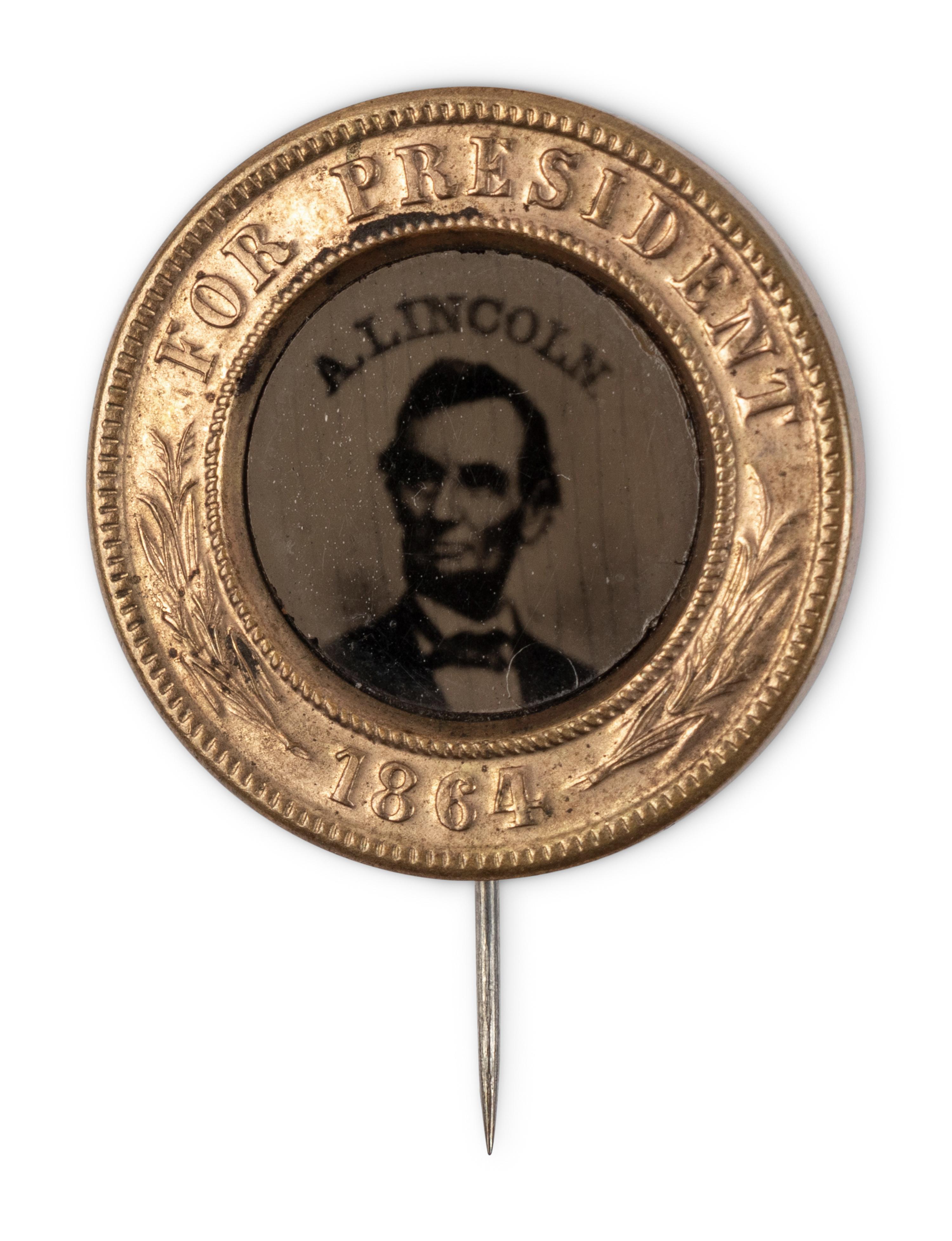 [LINCOLN-JOHNSON CAMPAIGN]. A presidential campaign badge featuring a ferrotype portrait of Lincoln.