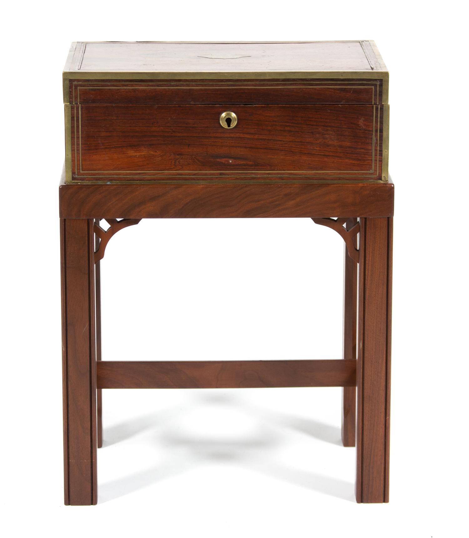 An English Style Brass Bound Rosewood Box on Stand Height 22 x width 16 1/2 x depth 10 1/4 inches. — 19TH CENTURY