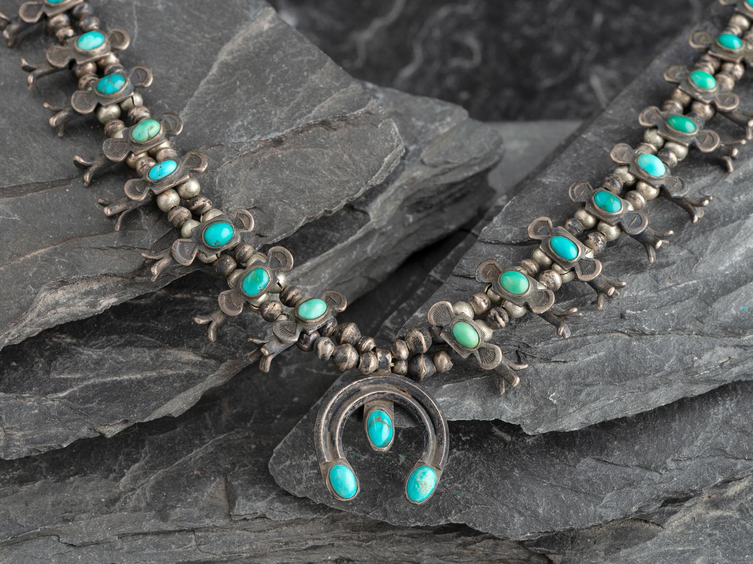 Navajo Child's Silver and Turquoise Box Bow Squash Blossom Necklace