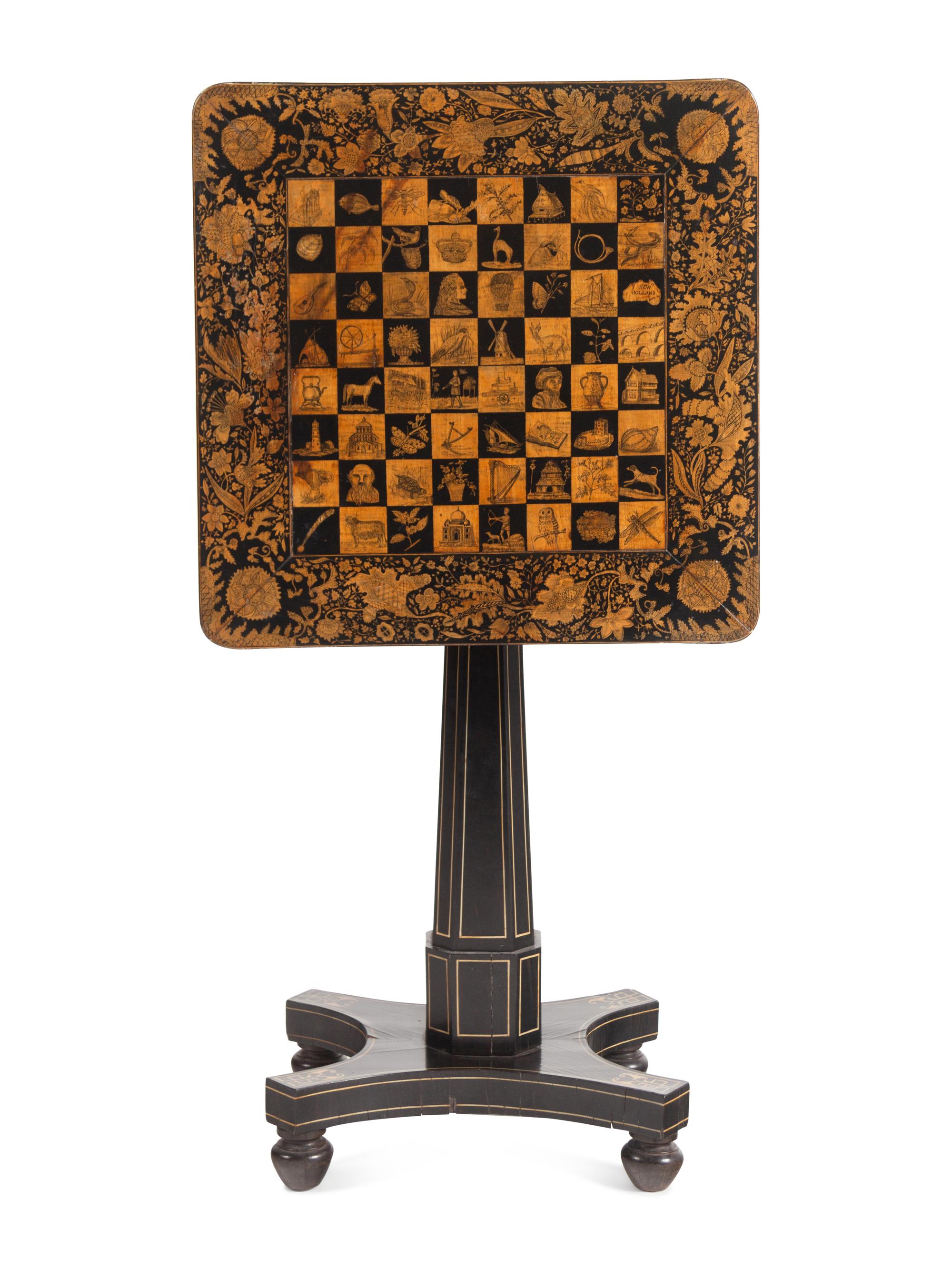 A Regency Penwork, Ebonized and Cream-Painted Game Table