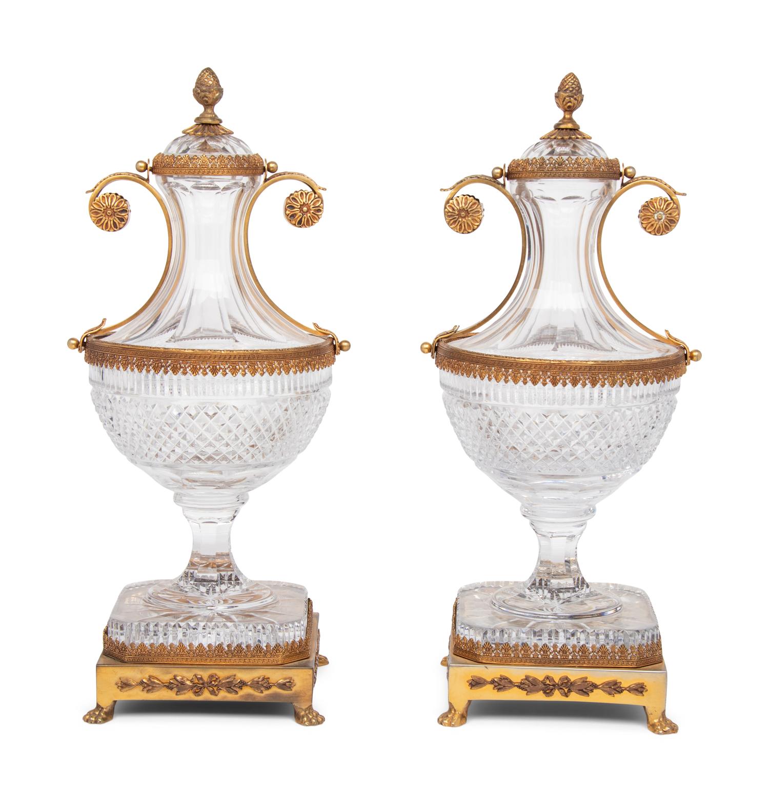 A Pair of Gilt Metal Mounted Cut Gass Urns